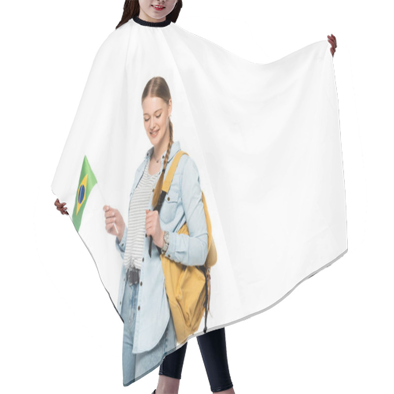 Personality  Smiling Pretty Student With Backpack Holding Flag Of Brazil Isolated On White Hair Cutting Cape