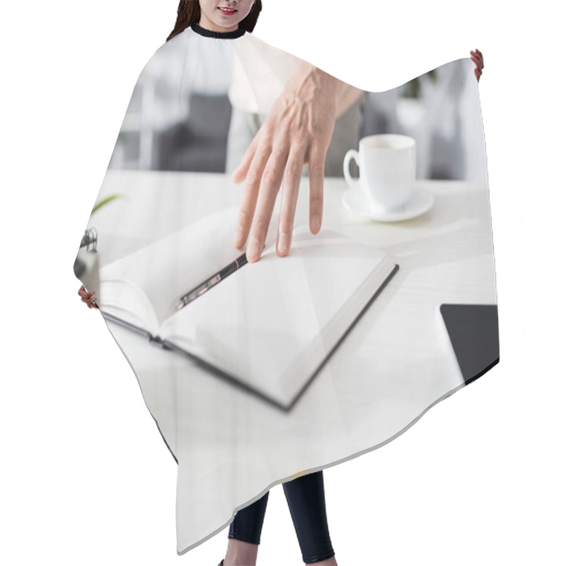 Personality  Cropped View Of Man Pointing With Hand At Notebook At Home Hair Cutting Cape