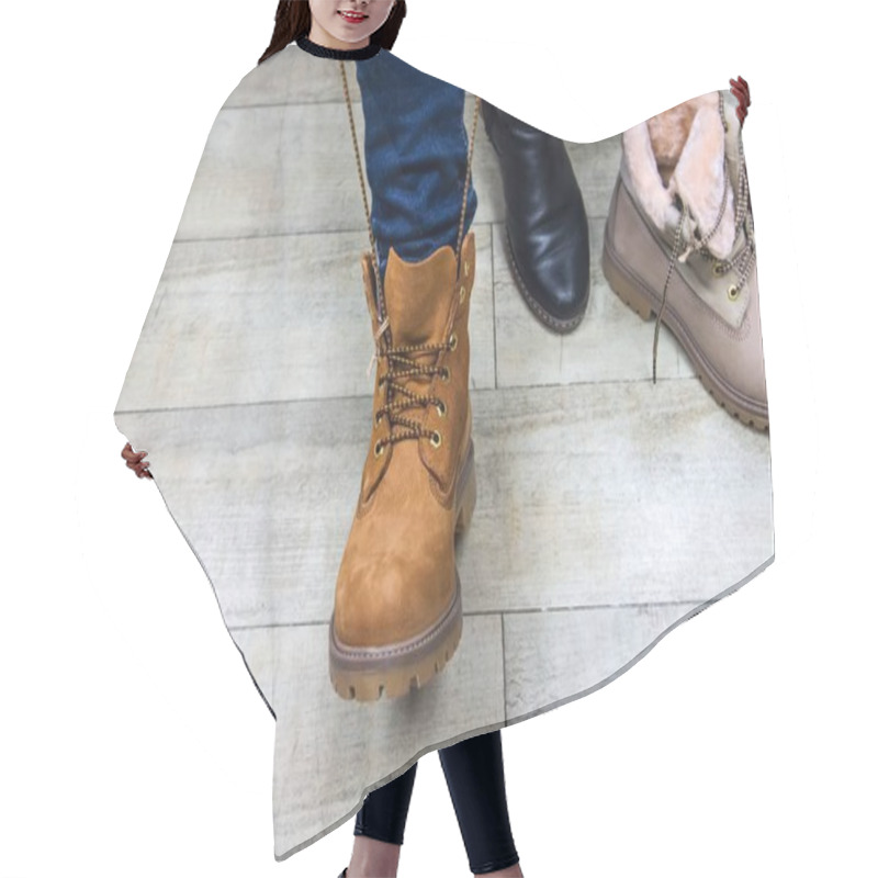 Personality  Woman Wearing Shoe In Clothing Boutique . Yellow Shoe On Foot Hair Cutting Cape