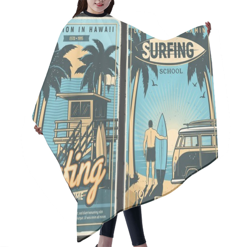 Personality  Surfing Retro Poster, Surf Beach Summer And Surfer With Surfboard, Vector. Tropical California And Hawaii Ocean Waves, Sea, Sun And Palms, Surfing School And Summer Vacations, Car Van At Island Sunset Hair Cutting Cape