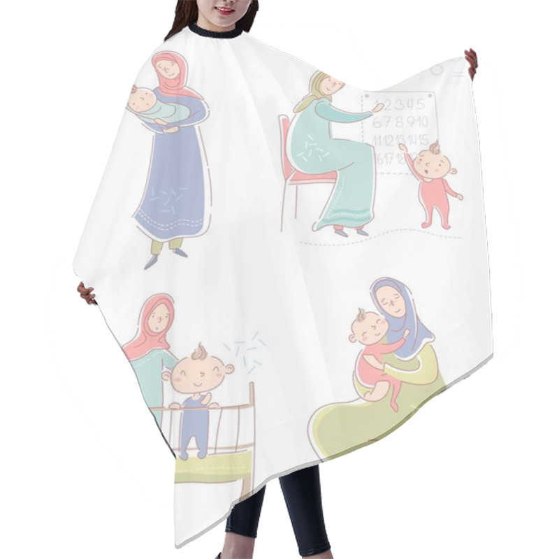 Personality  Set With Young Muslim Mother Wearing A Headscarf And Baby Cradling A Newborn, Hugging A Daughter On Her Lap, Son Standing In A Crib In The Nursery And Teaching A Small Toddler To Count With Numbers Hair Cutting Cape