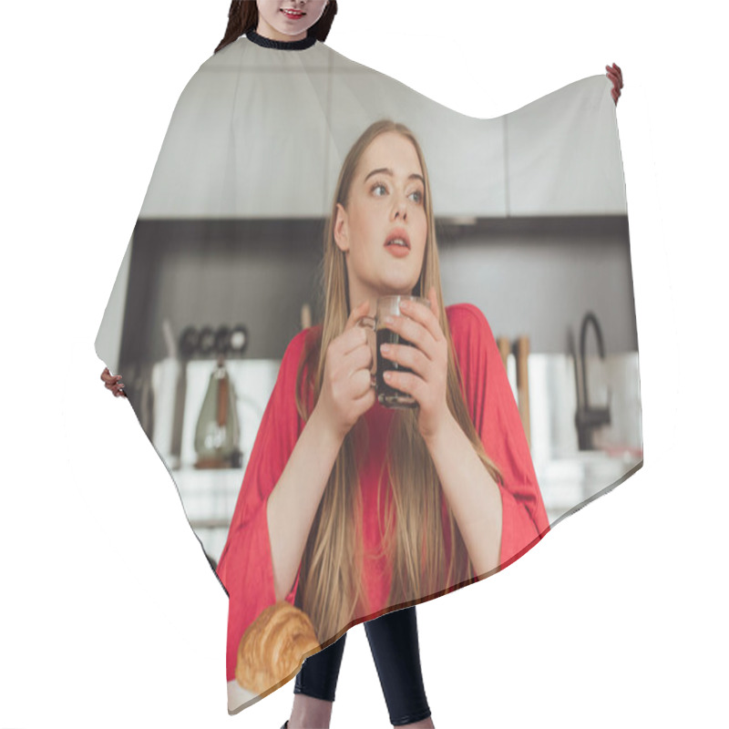 Personality  Young Woman Holding Cup Of Coffee Near Tasty Croissant On Table  Hair Cutting Cape