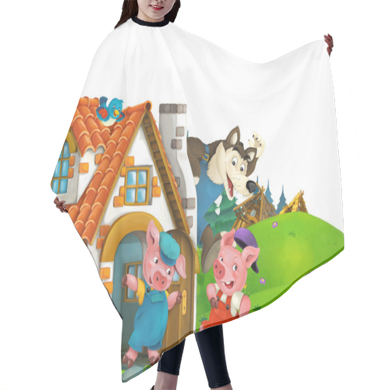 Personality  Cartoon Scene With Home Of Three Pigs Farmers Near The Meadow With White Background Space For Text - Illustration For Children Hair Cutting Cape