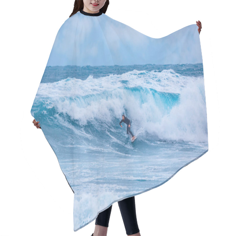 Personality  Professional Surfer Riding Waves. Large Wave Surfing In The Mediterranean Sea. Sea Waves On A Sunny Summer Day With Blue Sky. Summer Holiday Vacation, Sport And Israel Travel Photos Concept.  Hair Cutting Cape