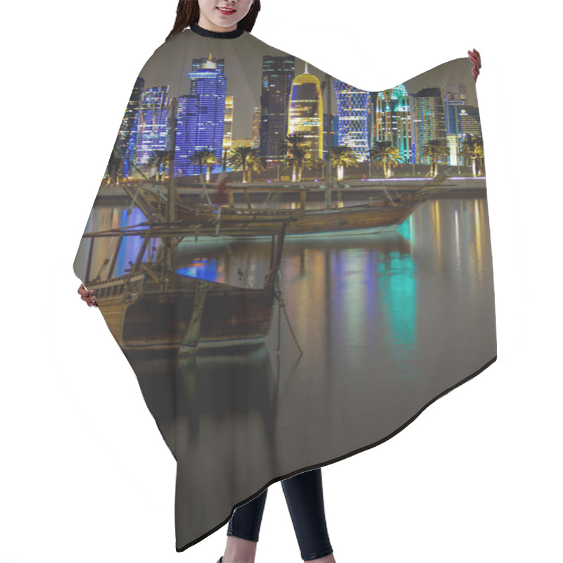 Personality  Downtown Cityscape At Night Illuminated By Lights Reflected In The Water With Boats. Doha Hair Cutting Cape