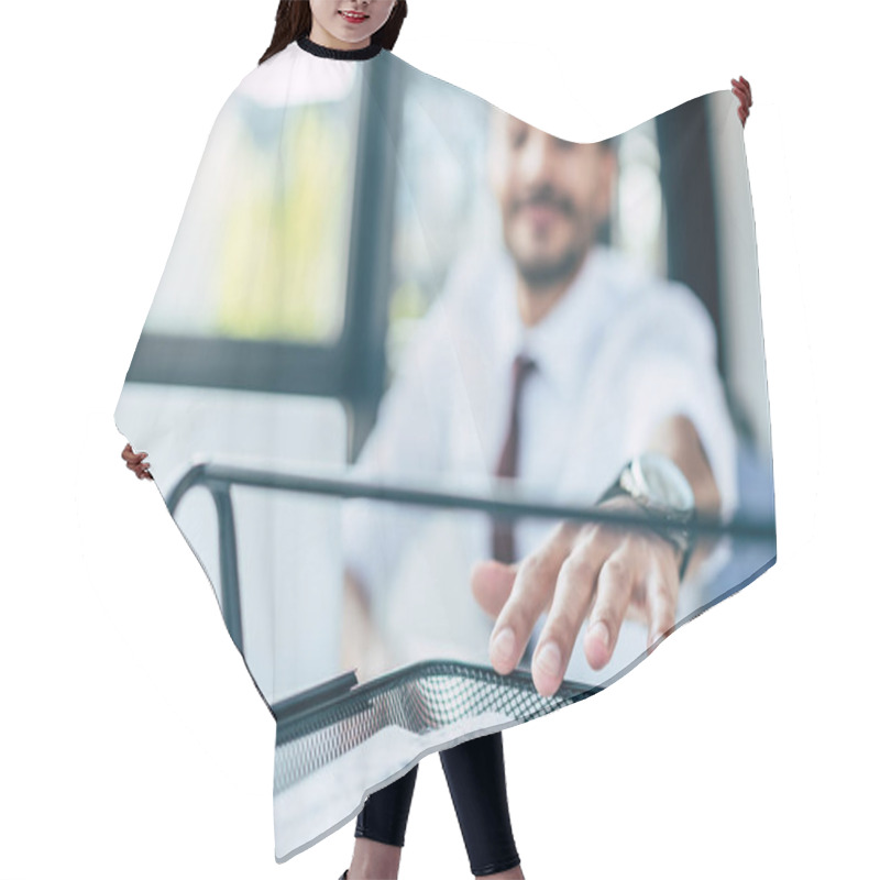 Personality  Selective Focus Of Businessman Taking Paper From Documents Tray Hair Cutting Cape