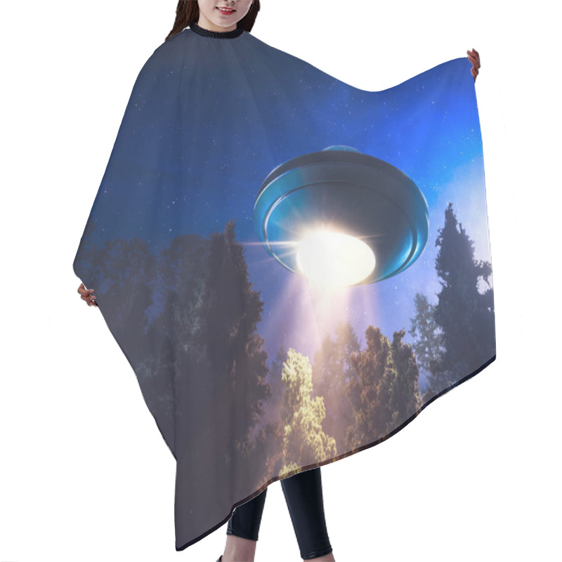 Personality  High Contrast Image Of UFO Flying Over A Forest With Light Beam At Night Hair Cutting Cape