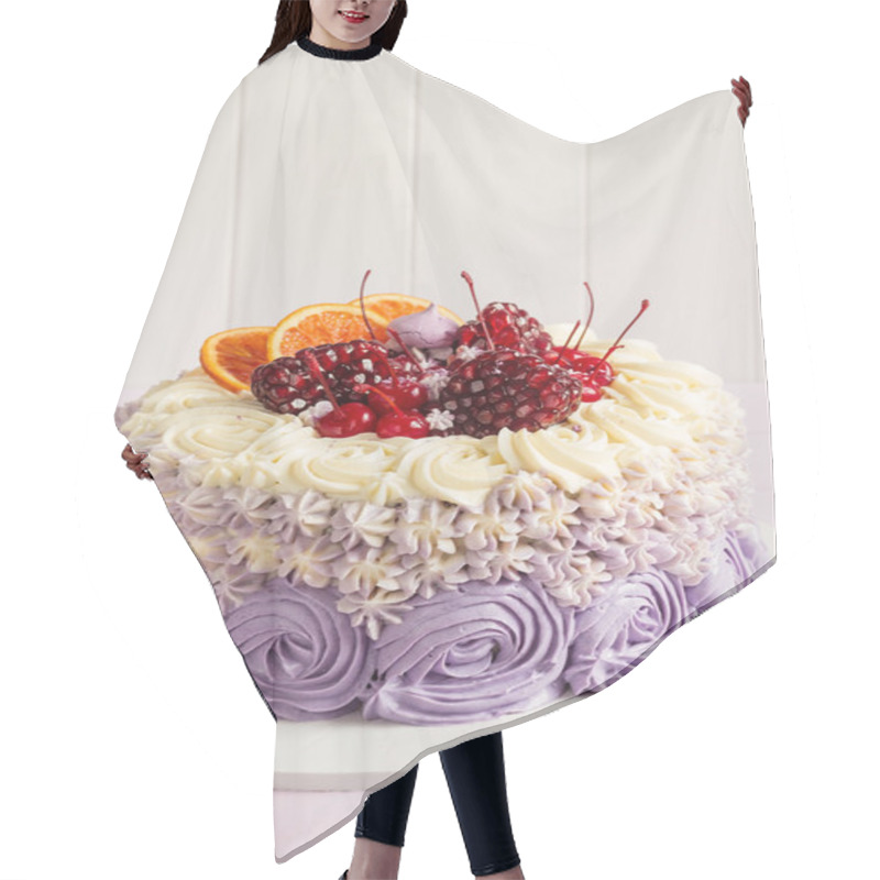 Personality  Elegant Purple Rosette Cake Decorated With Fruit Hair Cutting Cape