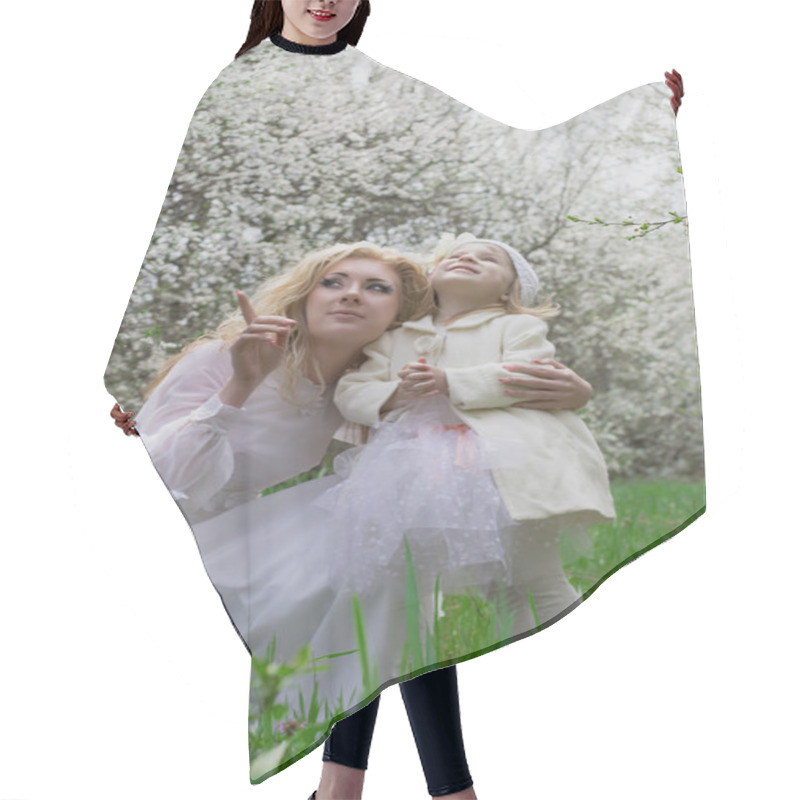 Personality  Happy Mother And Daughter Among Spring Garden Blossom Hair Cutting Cape