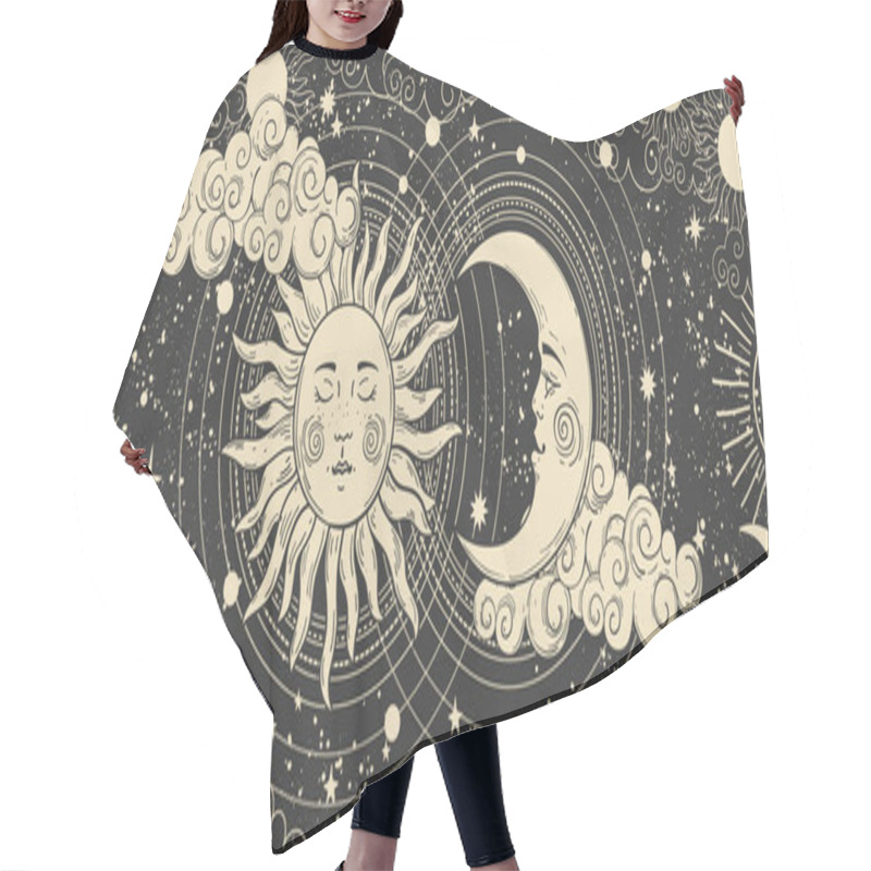 Personality  Magical Banner For Astrology, Celestial Alchemy. Heavenly Art For The Zodiac, Tarot, Device Of The Universe, Crescent Moon With A Face, Clouds, Sun With The Moon On A Black Background. Esoteric Vector Hair Cutting Cape