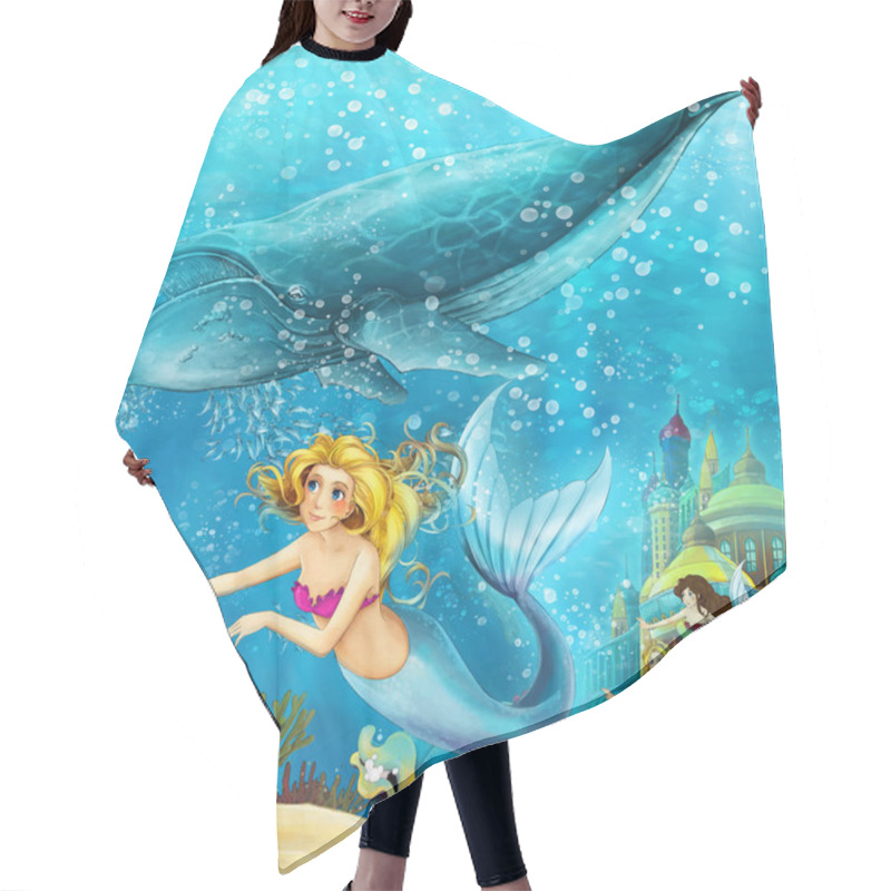 Personality  Cartoon Ocean And The Mermaid In Underwater Kingdom Swimming With Whales - Illustration For Children Hair Cutting Cape