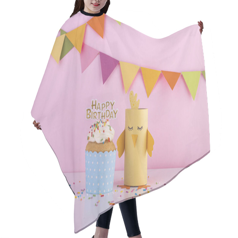 Personality  Birthday Cupcake With Handmade Paper Crafts. Confetti On A Pink Background Hair Cutting Cape