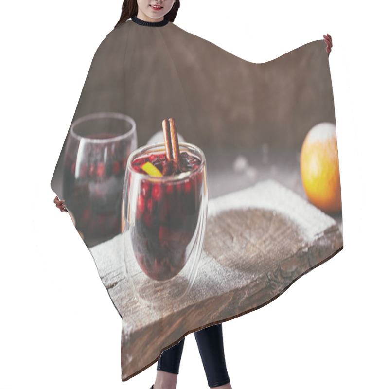 Personality  Homemade Mulled Wine With Cranberries, Orange And Cinnamon Sticks On Wooden Stand In Kitchen Hair Cutting Cape