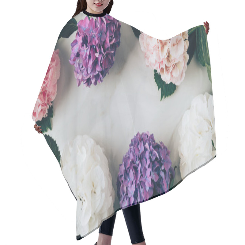 Personality  Top View Of Frame Made Of Hortensia Flowers On Marble Surface  Hair Cutting Cape