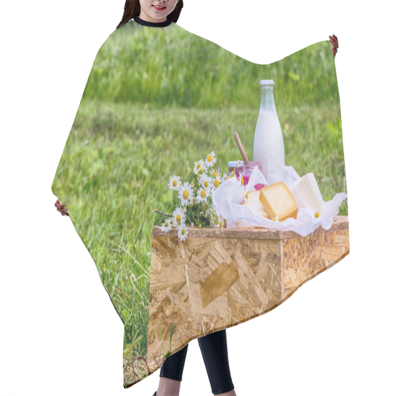 Personality  Dairy Products Milk, Cheese Yogurt Served At Picnic Table In A Cheese Farm Caws In Background Hair Cutting Cape