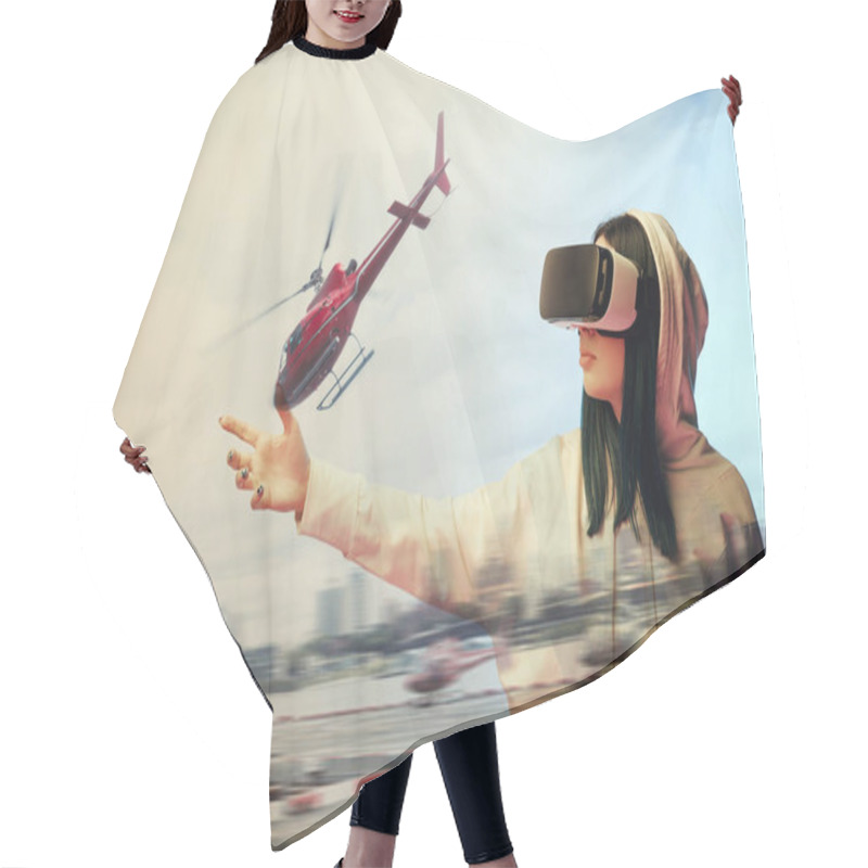 Personality  Double Exposure Of Brunette Girl Gesturing While Using Virtual Reality Headset And Helicopter Flying Near Buildings  Hair Cutting Cape