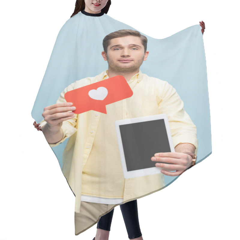 Personality  Man In Shirt Holding Paper Heart And Digital Tablet With Blank Screen Isolated On Blue Hair Cutting Cape