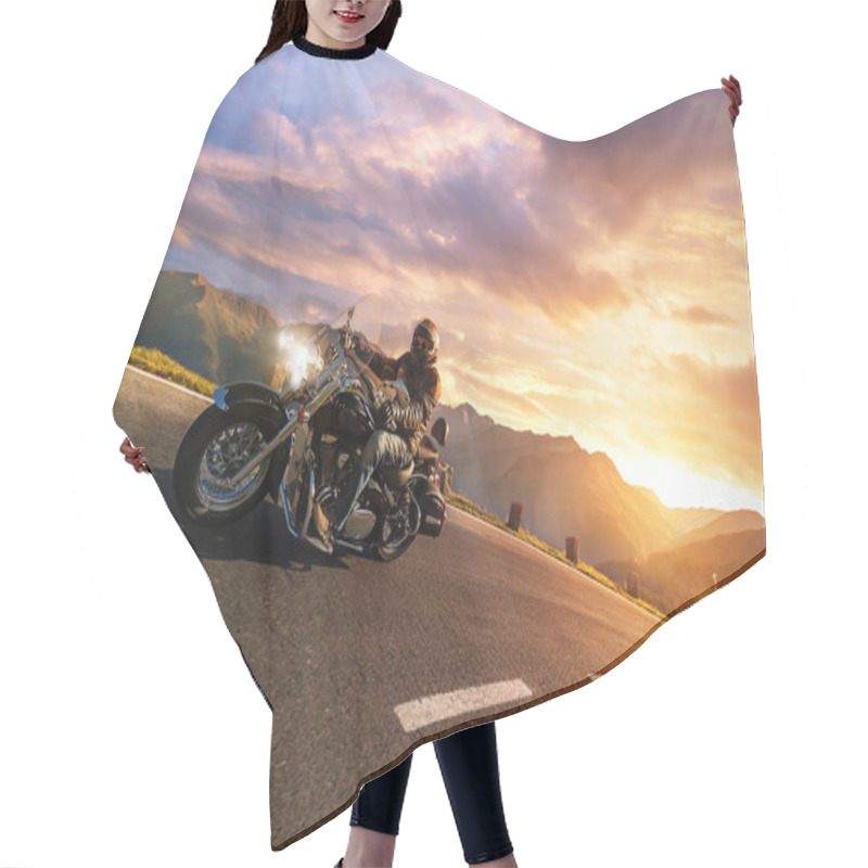 Personality  Motorcycle Drivers Riding In Alpine Highway. Outdoor Photography Hair Cutting Cape