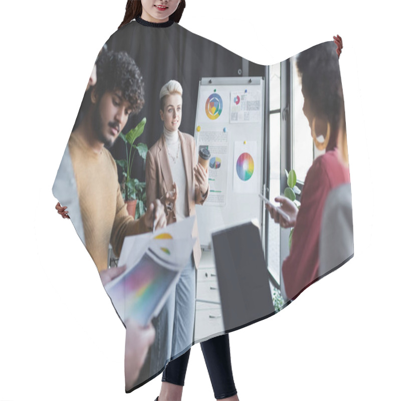 Personality  Multiethnic Advertising Managers Talking Near Flip Chart With Project In Office Hair Cutting Cape