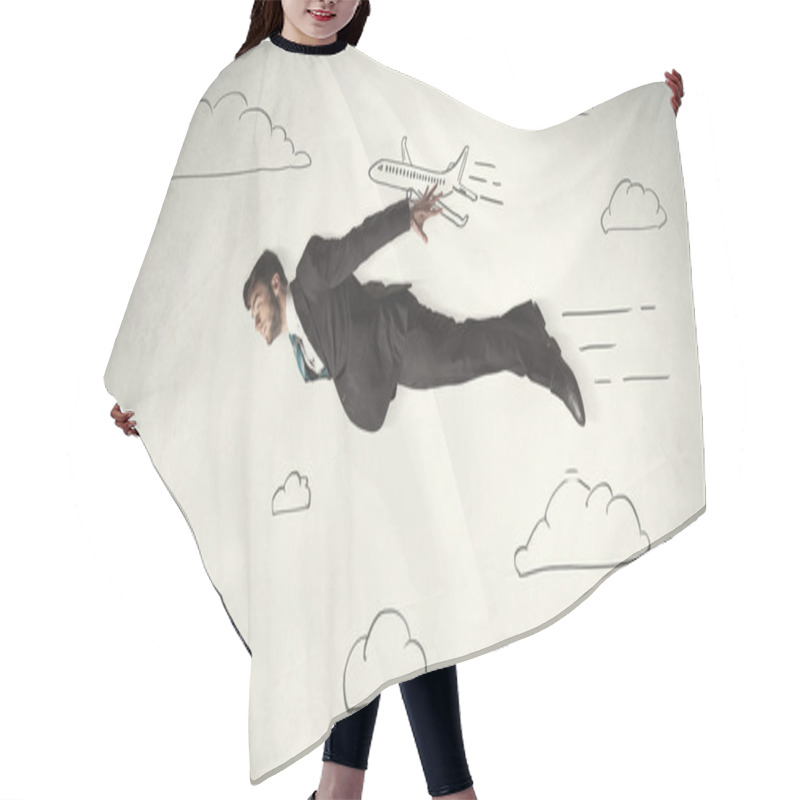 Personality  Cheerful Business Person Flying Between Hand Drawn Sky Clouds Hair Cutting Cape