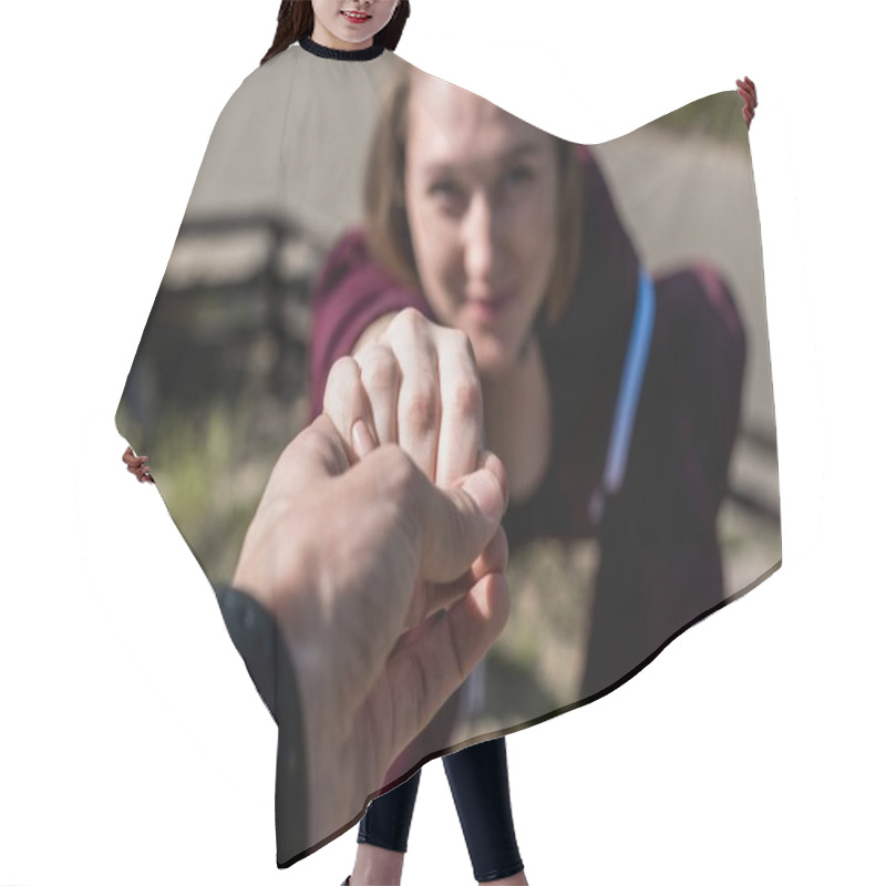 Personality  Man Giving Hand To Young Woman Hair Cutting Cape