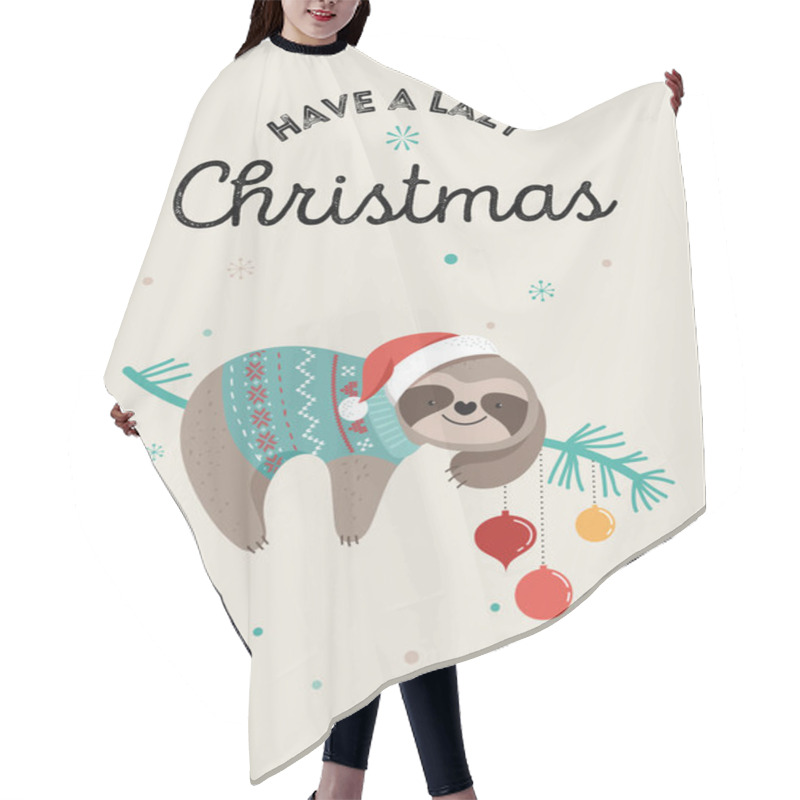 Personality  Cute Sloths, Funny Christmas Illustrations With Santa Claus Costumes, Hat And Scarfs, Greeting Cards Set, Banner Hair Cutting Cape