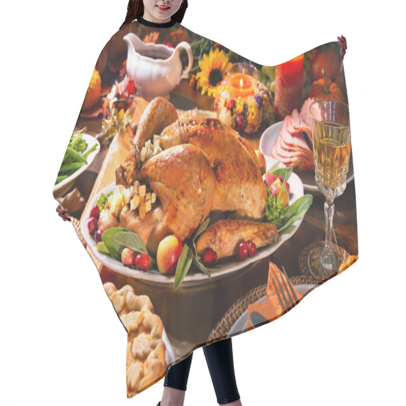 Personality  Thanksgiving Dinner. Roasted Turkey Garnished With Cranberries On A Rustic Style Table Decoraded With Pumpkins, Vegetables, Pie, Flowers And Candles Hair Cutting Cape