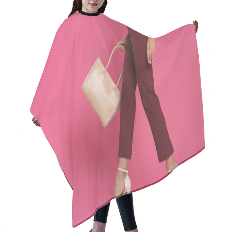 Personality  Woman With Stylish Bag On Pink Background, Closeup. Space For Text Hair Cutting Cape