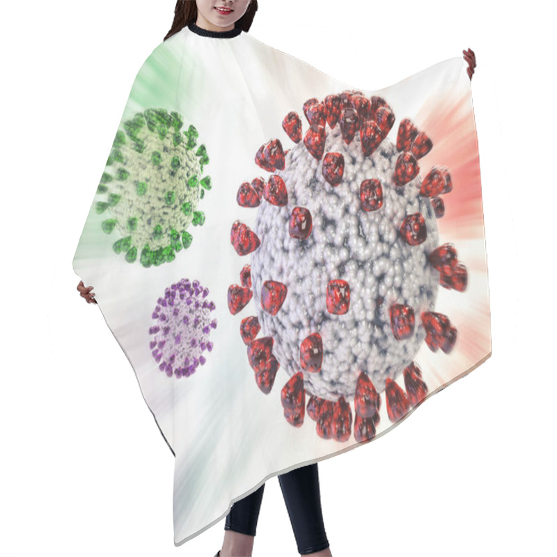 Personality  Covid, Variants, Alpha, Beta, Gama, Delta, Omicron, Virus, Coronavirus. 3d Rendering Concept Illustration. Epidemic, Flu, Global Pandemic, Outbreak. Hair Cutting Cape