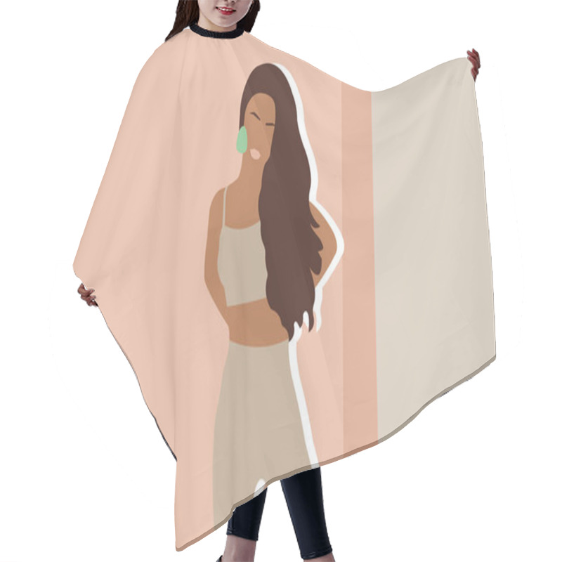 Personality  Tanned Girl With Green Earing And Brown Hair On Pink Background. Fashion Vector Illustration Hair Cutting Cape