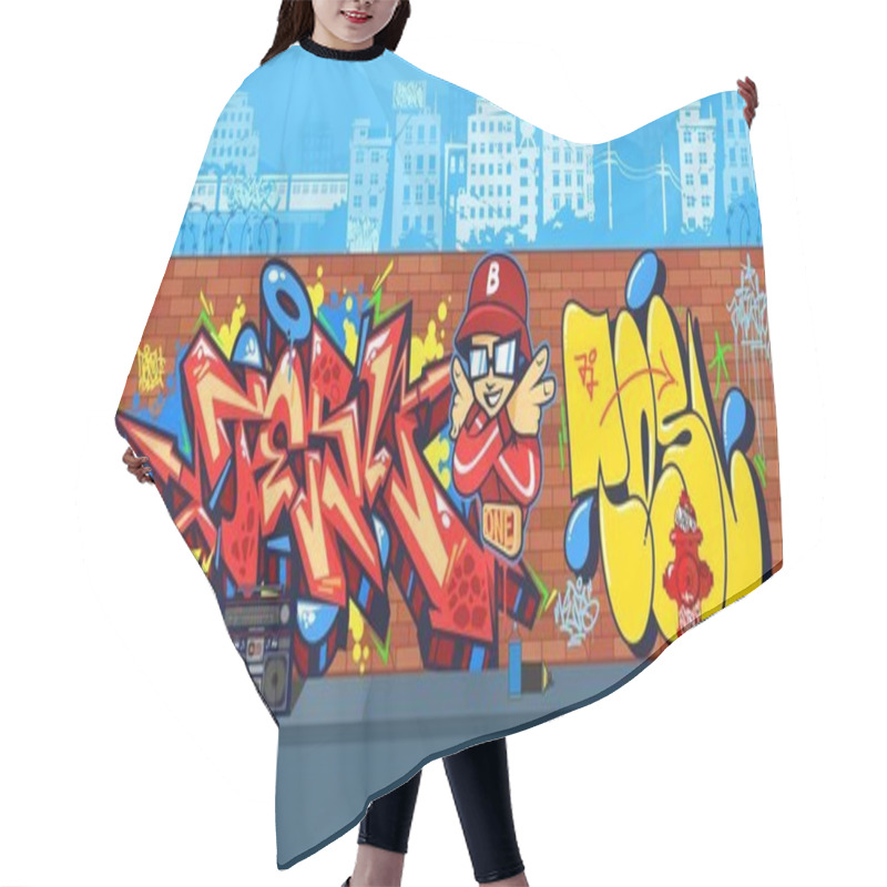 Personality  Colorful Outdoor Urban Streetart Graffiti Wall With Drawings Against The Background Of The Cityscape Vector Illustration Hair Cutting Cape