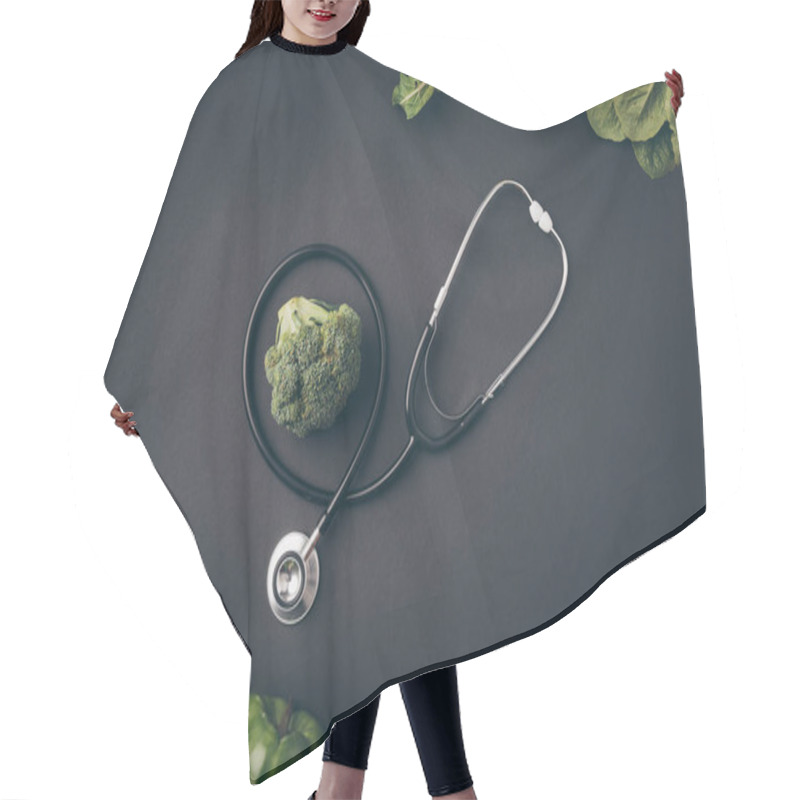 Personality  Top View Of Stethoscope With Broccoli And Cauliflower On Gray Table  Hair Cutting Cape