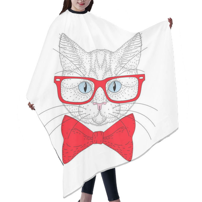 Personality  Vector Cute Cat Portrait With Hipster Glasses. Hand Drawn Kitty  Hair Cutting Cape