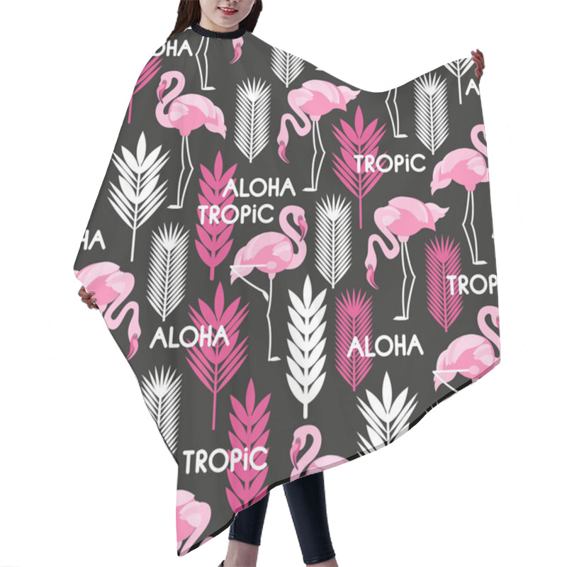 Personality  Seamless Pattern With Birds Of Pink Flamingos And Leaves Of Tropical Plants. White, Black, Pink. Vector Illustration. Hair Cutting Cape