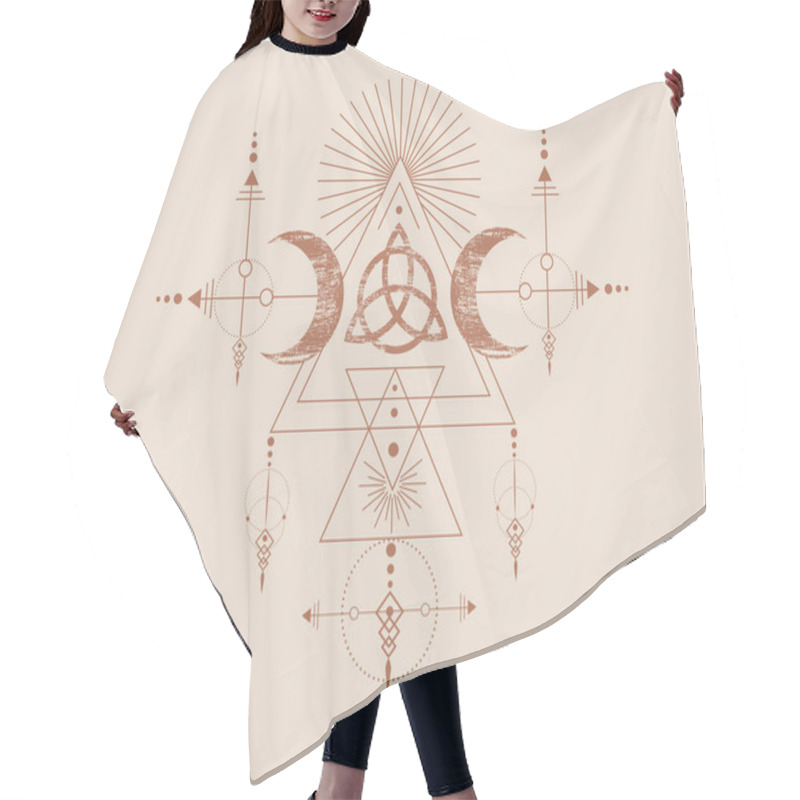 Personality  Triple Goddess And Triquetra , Sacred Geometry, Tribal Triangles, Moon Phases In Shaman Boho Vintage Style. Retro Tattoo, Astrology, Alchemy, And Magic Symbols. Vector Isolated On Ancient Background  Hair Cutting Cape