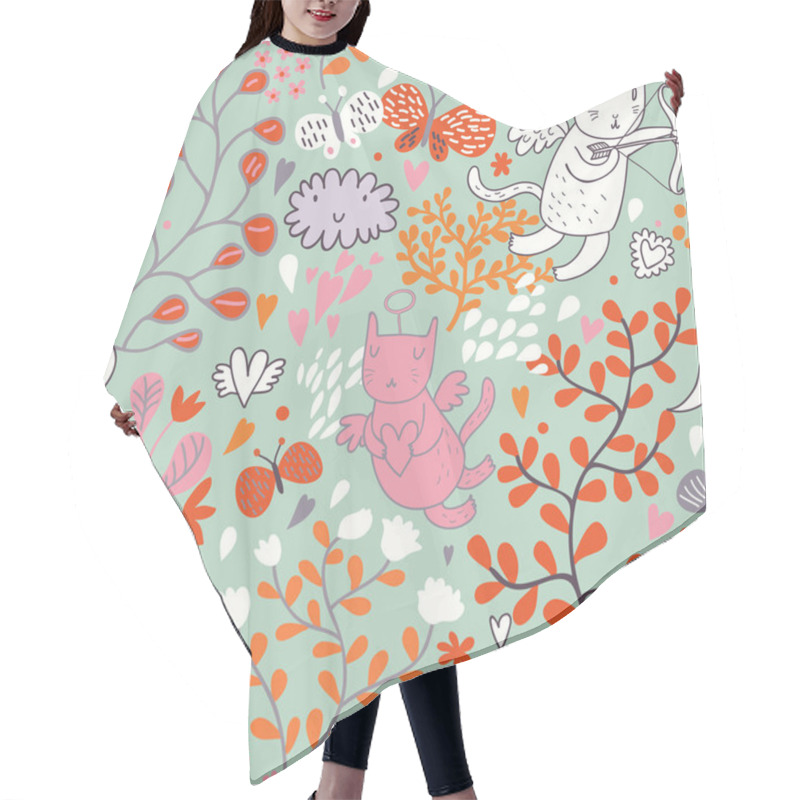 Personality  Romantic Floral Valentine Pattern With Angel Cats And Butterflies. Seamless Tiling Hair Cutting Cape