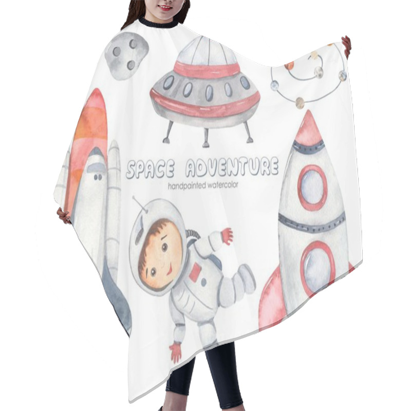 Personality  Space Adventure With Flying Saucer, Shuttle, Astronaut, Young Astronaut, Boy, Rocket, Meteorite, UFO Watercolor Set  Hair Cutting Cape