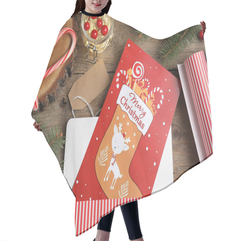 Personality  Flat Lay Composition With Christmas Card And Festive  Decor On Wooden Background Hair Cutting Cape