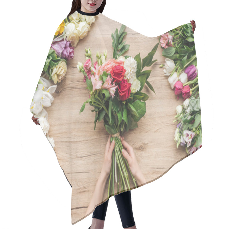 Personality  Cropped View Of Florist Holding Flower Bouquet On Wooden Table Hair Cutting Cape