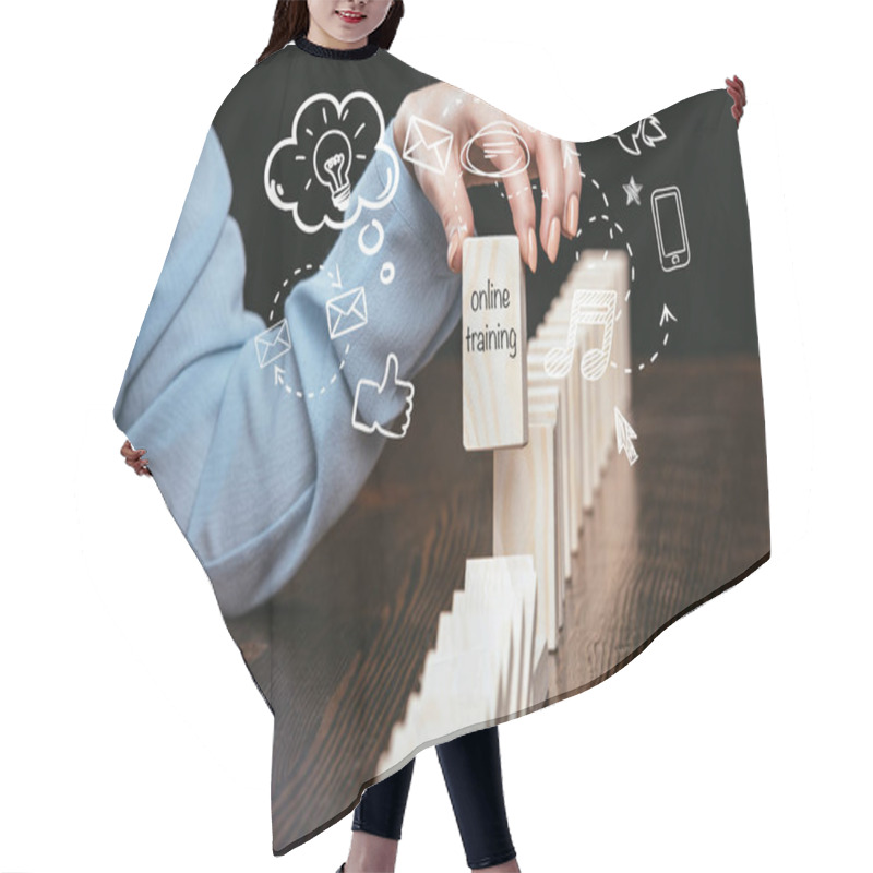 Personality  Cropped View Of Woman Picking Block With Words 'online Training' Out Of Wooden Bricks, Icons On Foreground Hair Cutting Cape