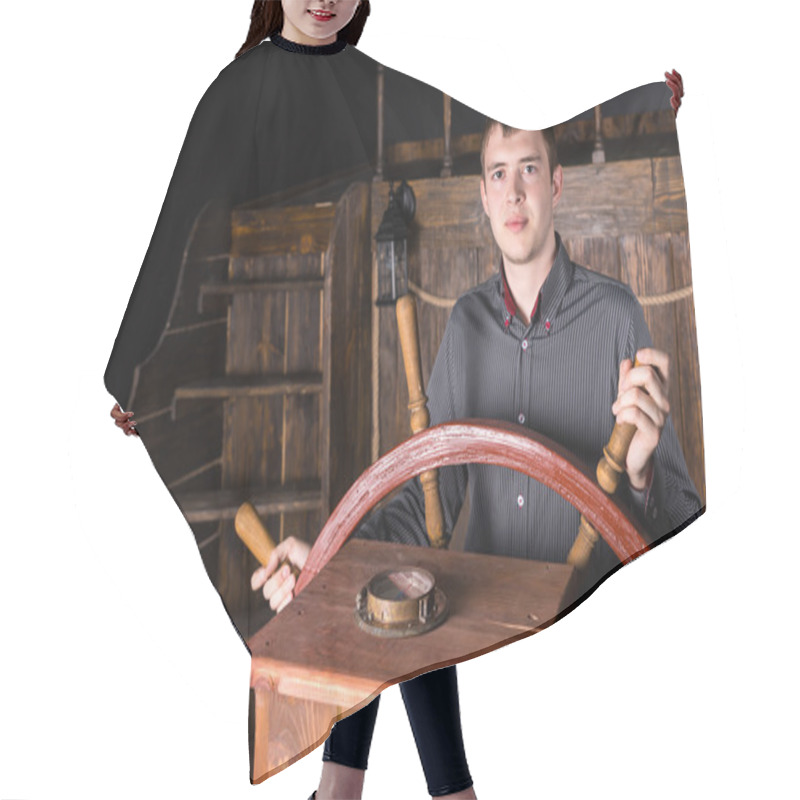 Personality  Young Man Steering Wooden Antique Ship Hair Cutting Cape