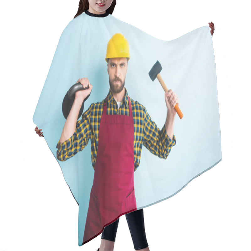 Personality  Angry Bearded Workman Holding Hammer And Dumbbell On Blue  Hair Cutting Cape