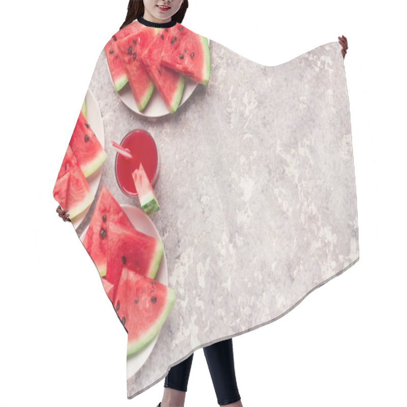 Personality  Watermelon Slices And Juice On Grey Background, Top View Hair Cutting Cape