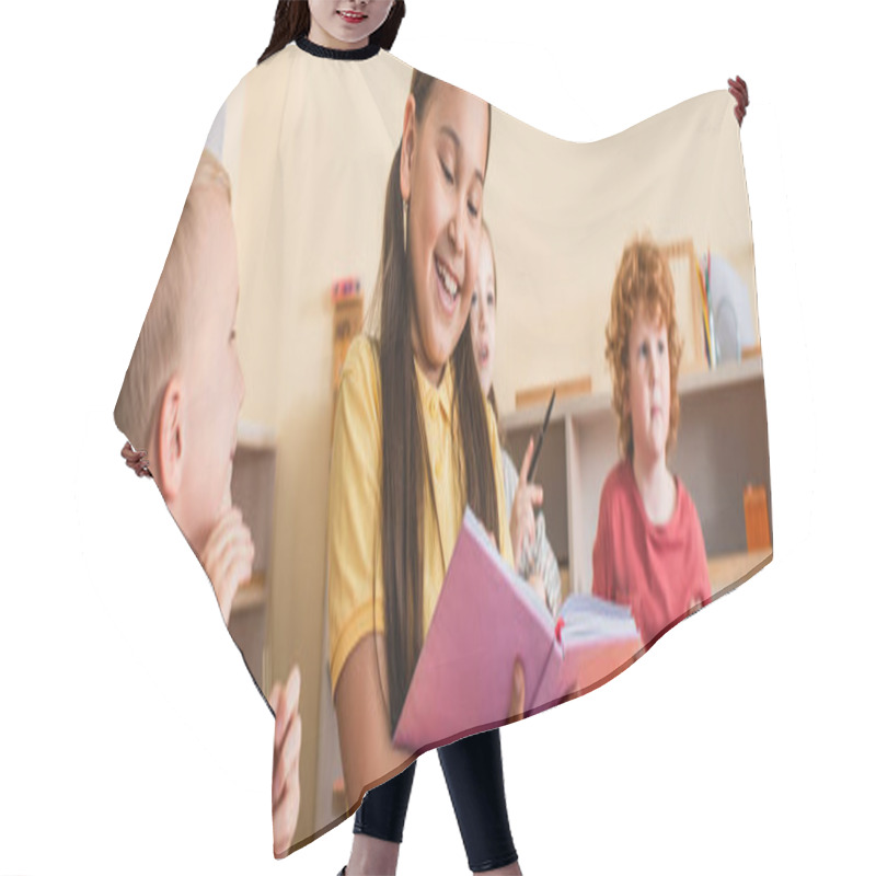 Personality  Cheerful Asian Girl Reading Book Near Kids During Lesson, Banner Hair Cutting Cape