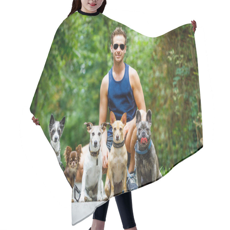 Personality  Group Of Dogs With Owner And  Leash Ready To Go For A Walk Or Walkies , Outdoors Outside At The Park Hair Cutting Cape