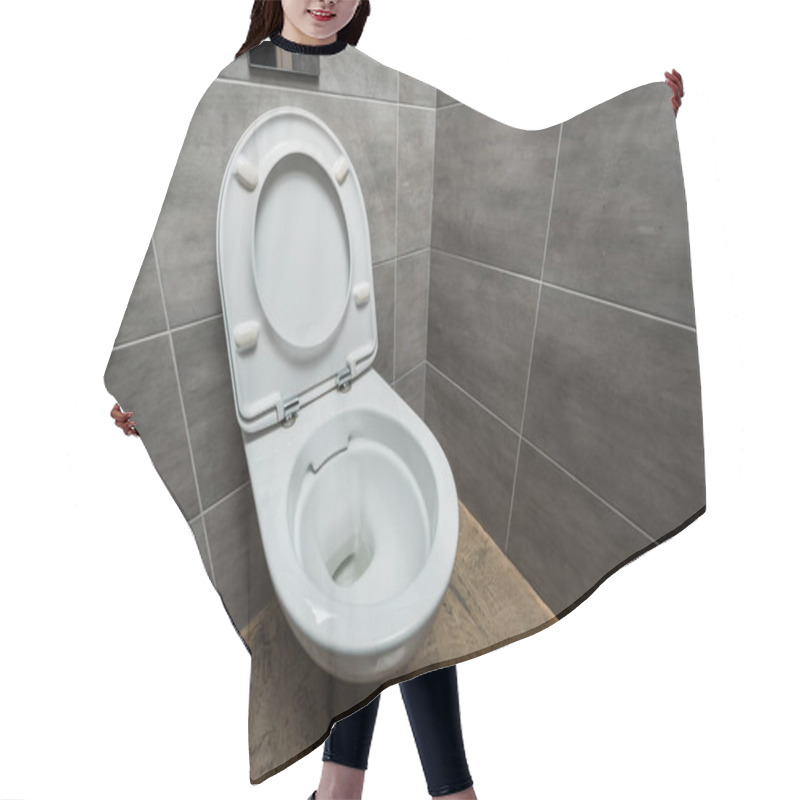 Personality  Ceramic Clean Toilet Bowl In Modern Restroom With Grey Tile Hair Cutting Cape