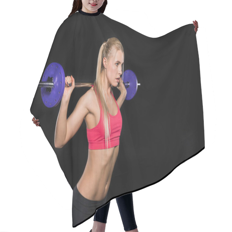 Personality  Woman Exercising With Barbell Hair Cutting Cape