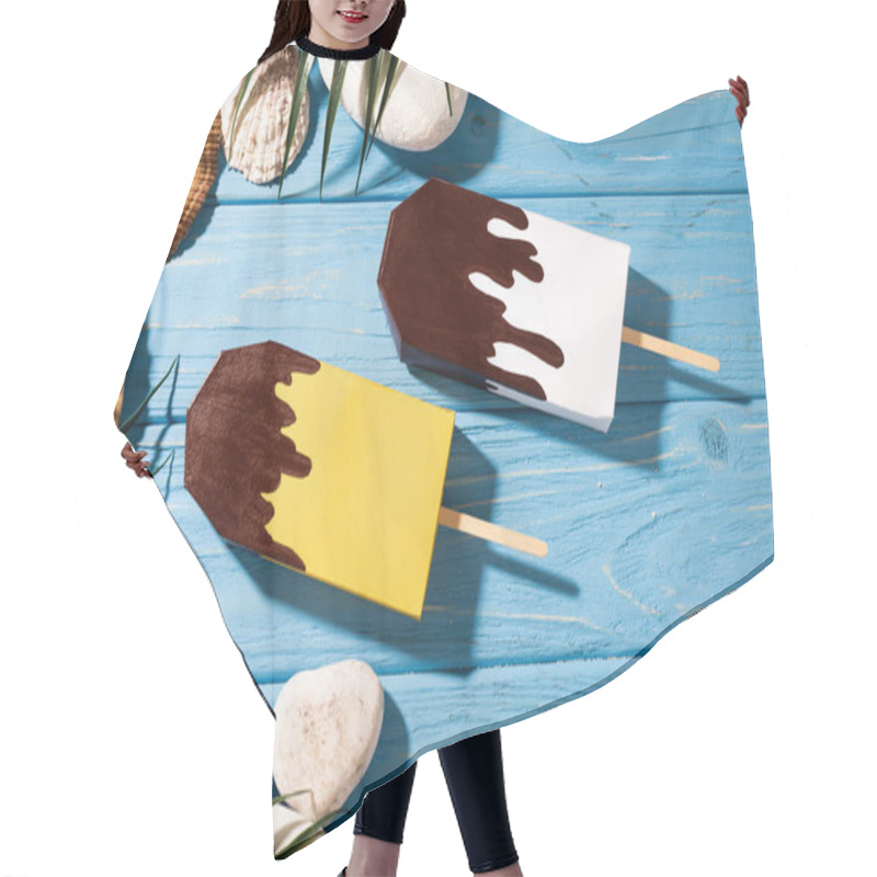 Personality  Top View Of Seashells And Palm Leaves Near Ice Cream On Wooden Blue Background Hair Cutting Cape