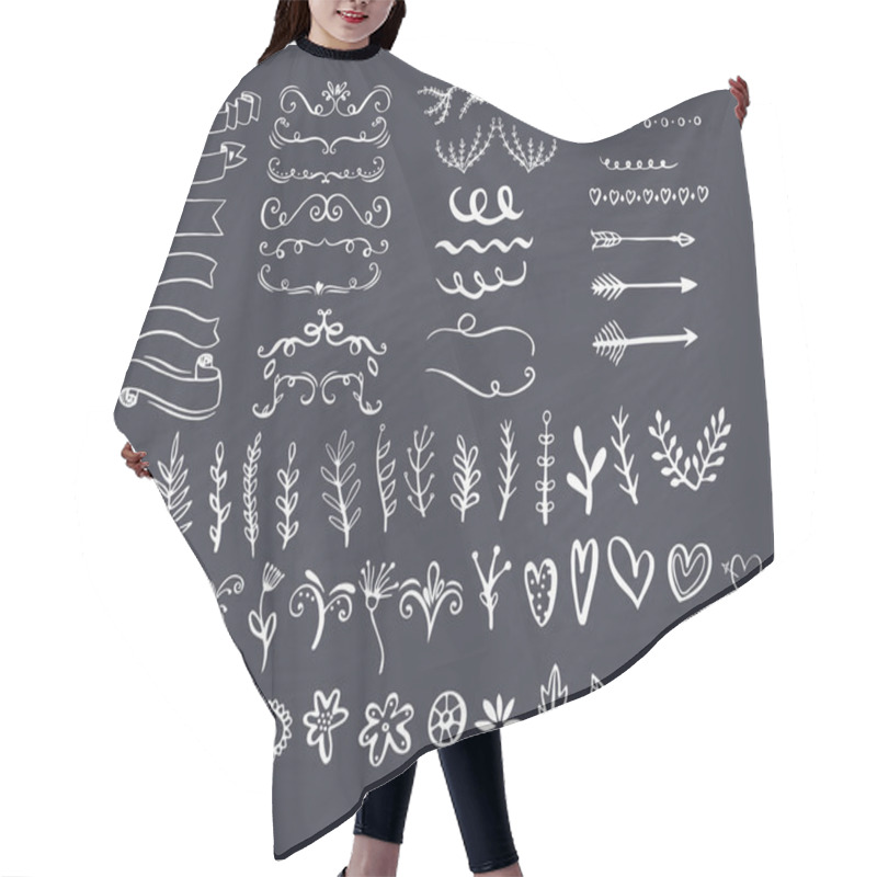 Personality  Big Collection Of Hand Sketched Design Elements Such As Text Dividers, Borders With Flourishes, Frames, Ribbons, Doodle Flowers, Leaves And Hearts Etc. Vector Handmade Llustrationisolated On Chalkboard Background. Hair Cutting Cape