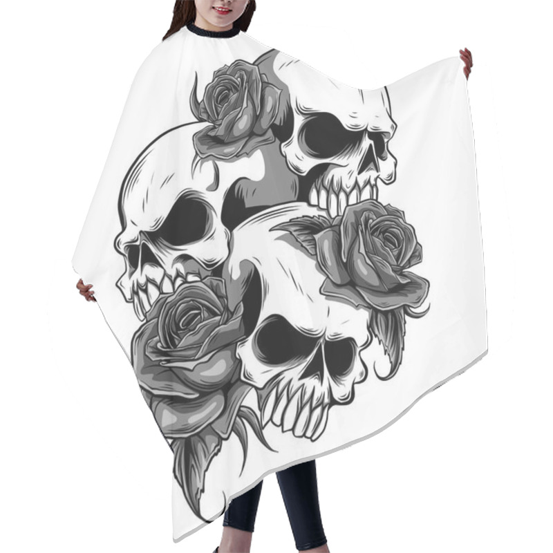 Personality  Human Skull With Roses Drawn In Tattoo Style. Hair Cutting Cape